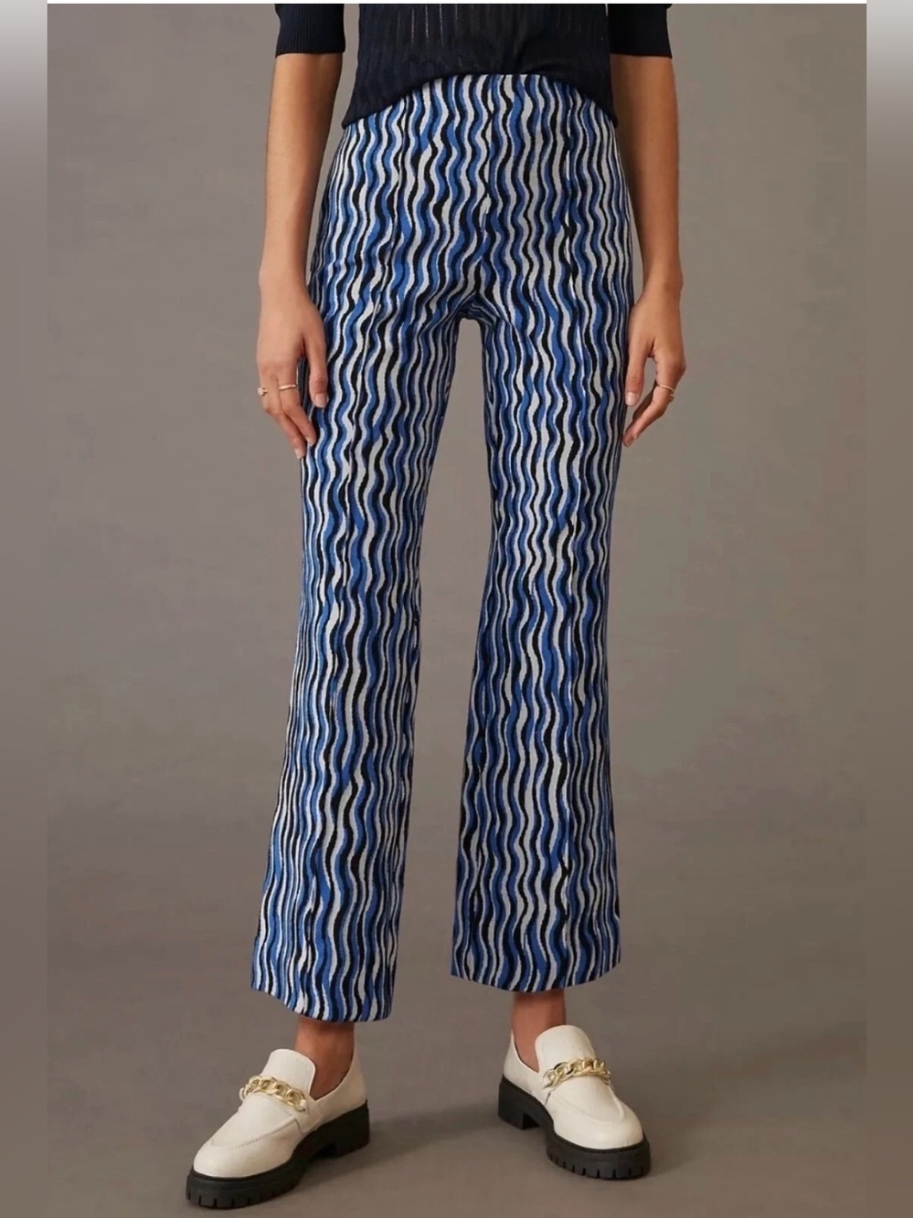 Anthropologie Maeve Women's M Margot Kick Flare Trouser Pants Wavy Blue Stripe